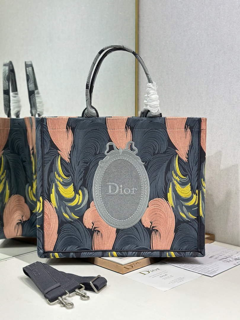 Large Dior Book Tote – Feather Motif Embroidered Canvas