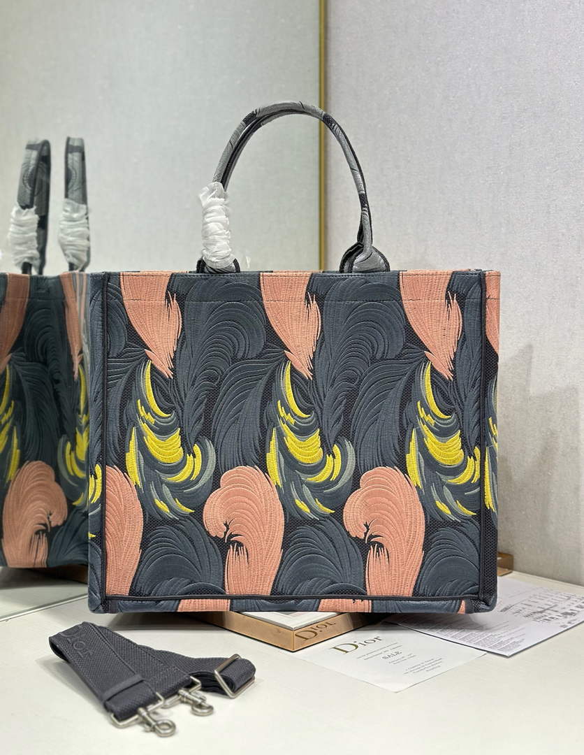 Large Dior Book Tote – Feather Motif Embroidered Canvas