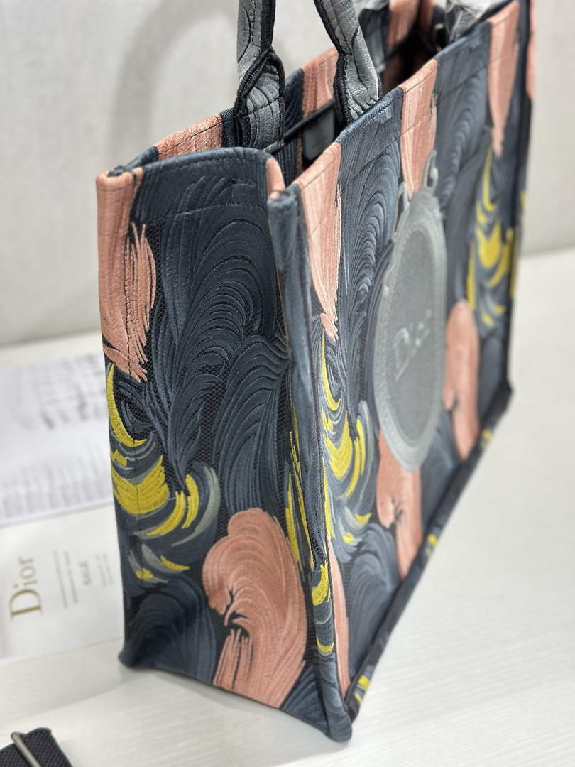 Large Dior Book Tote – Feather Motif Embroidered Canvas