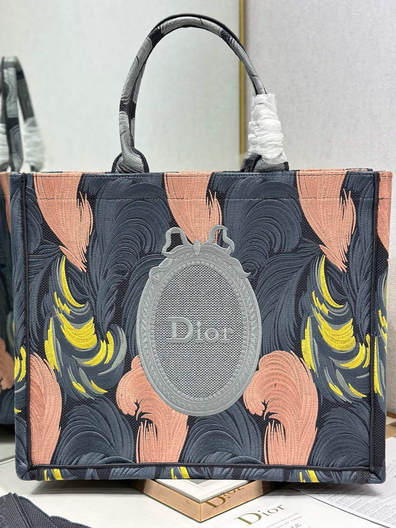Large Dior Book Tote – Feather Motif Embroidered Canvas
