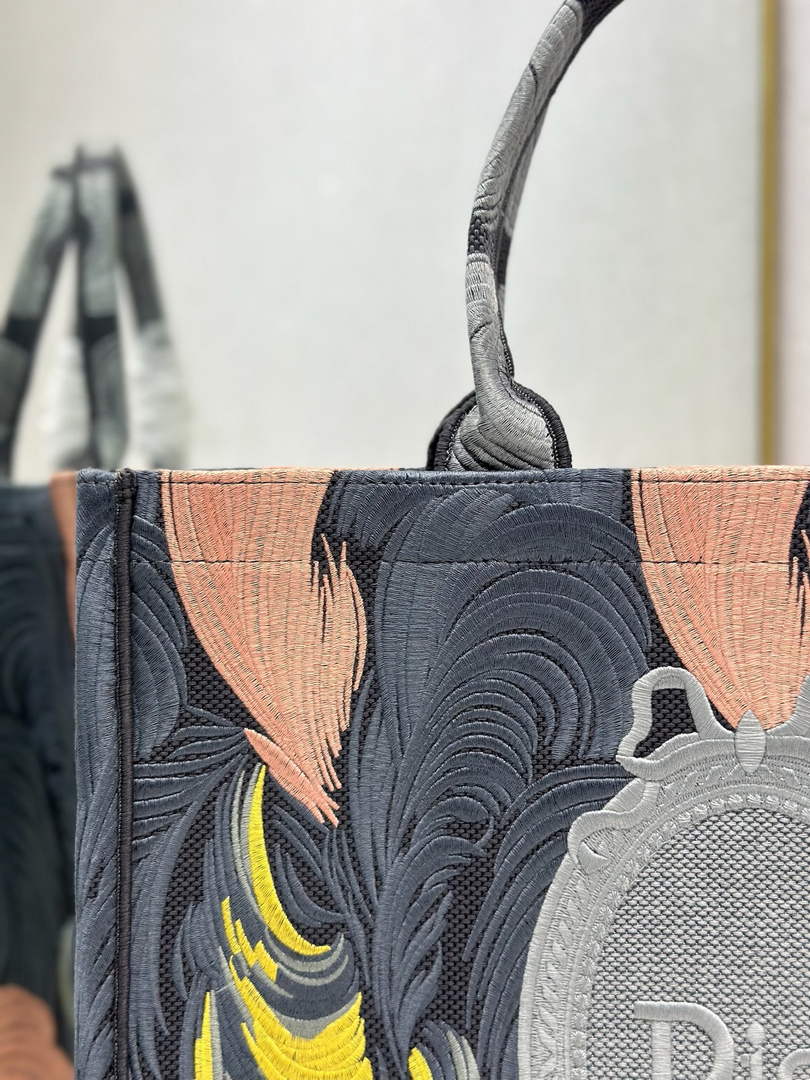 Large Dior Book Tote – Feather Motif Embroidered Canvas