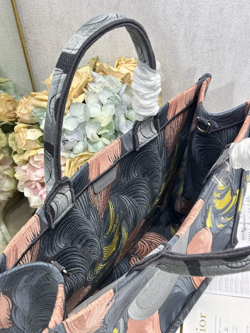 Large Dior Book Tote – Feather Motif Embroidered Canvas