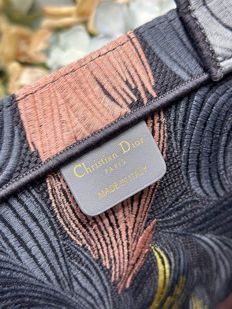 Large Dior Book Tote – Feather Motif Embroidered Canvas