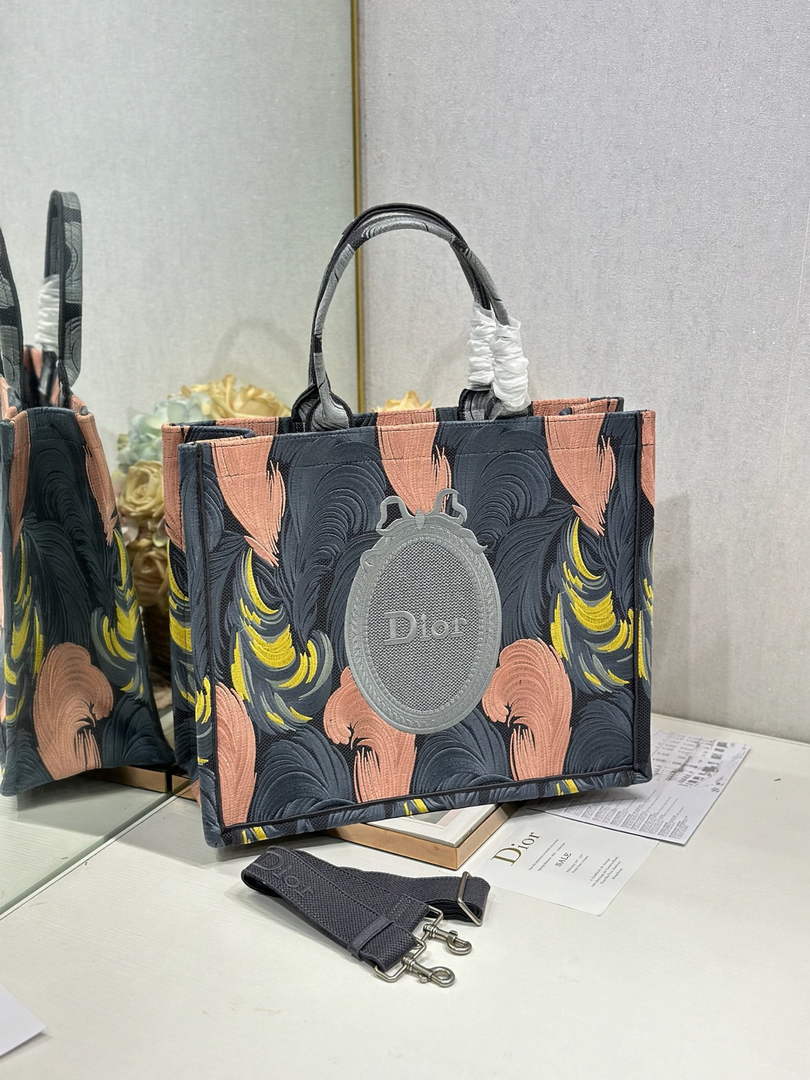 Medium Dior Book Tote with Strap – Feather Motif Embroidered Canvas