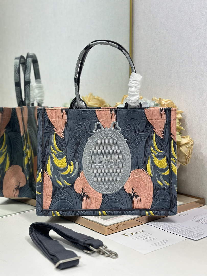 Medium Dior Book Tote with Strap – Feather Motif Embroidered Canvas