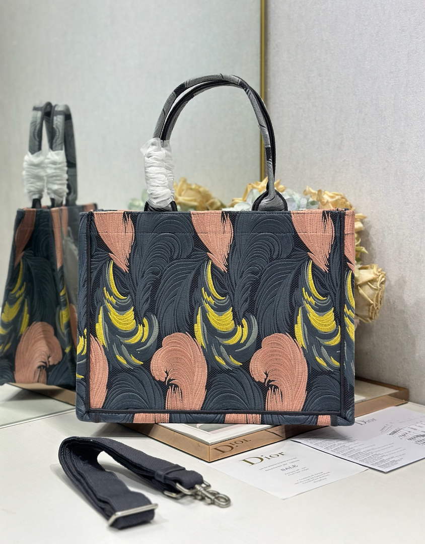 Medium Dior Book Tote with Strap – Feather Motif Embroidered Canvas
