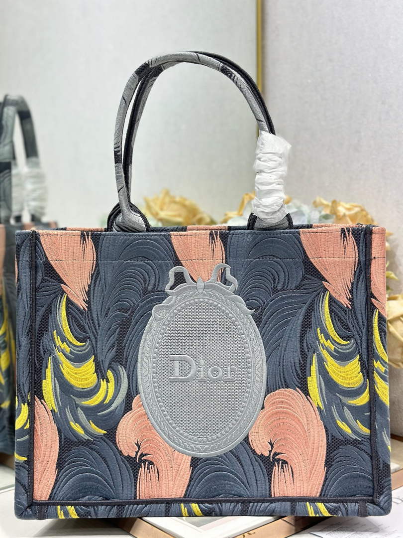 Medium Dior Book Tote with Strap – Feather Motif Embroidered Canvas
