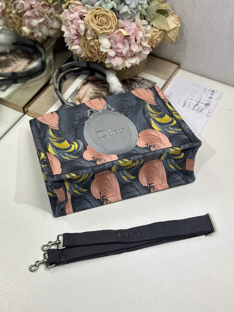Medium Dior Book Tote with Strap – Feather Motif Embroidered Canvas