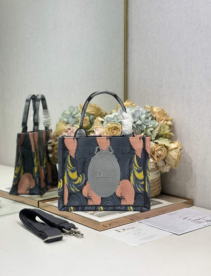 Small Dior Book Tote with Strap – Feather Motif Embroidered Canvas