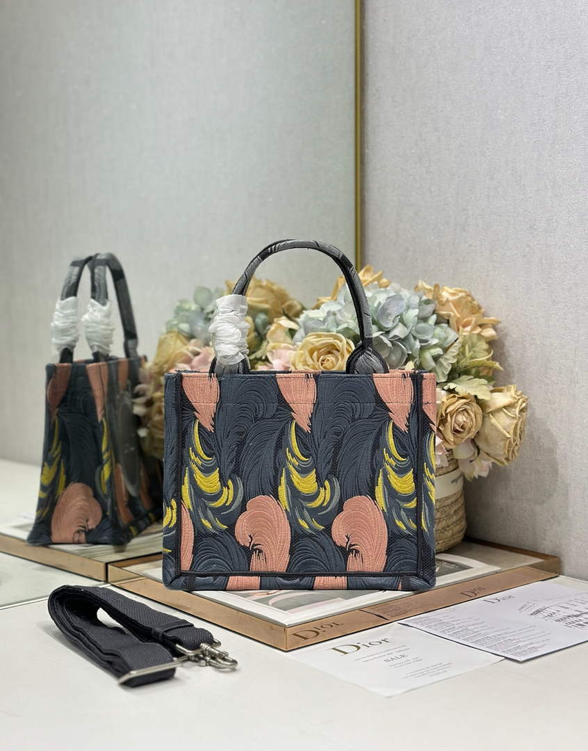 Small Dior Book Tote with Strap – Feather Motif Embroidered Canvas