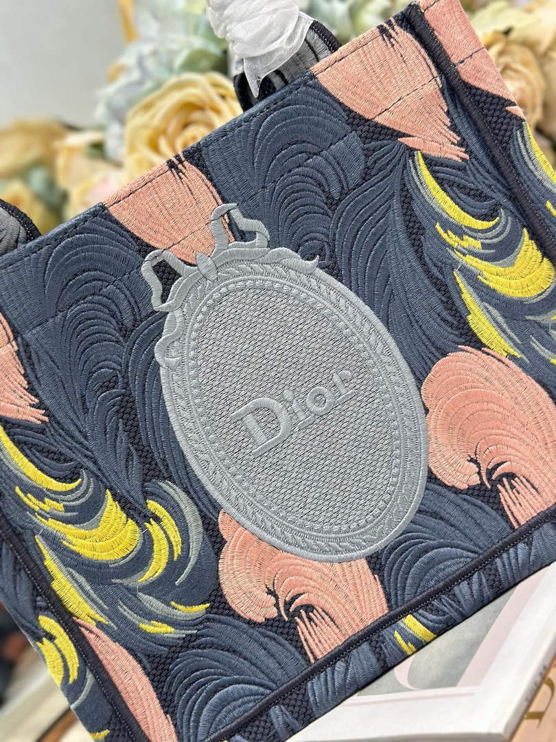 Small Dior Book Tote with Strap – Feather Motif Embroidered Canvas