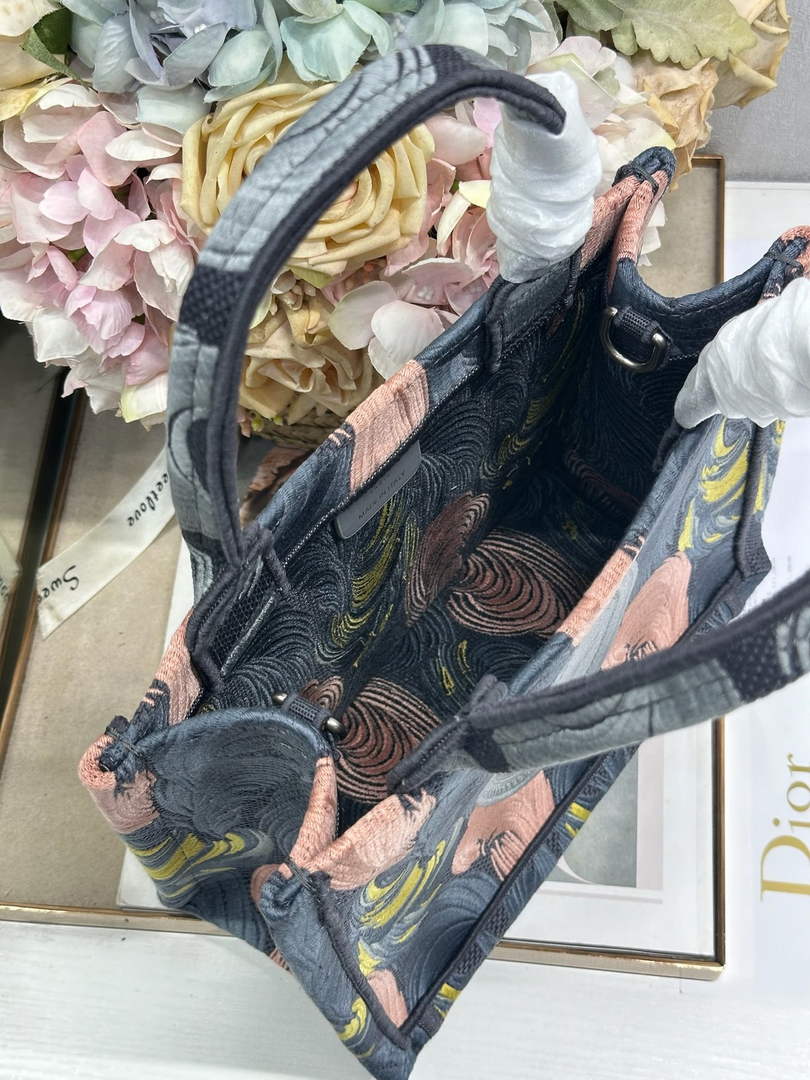 Small Dior Book Tote with Strap – Feather Motif Embroidered Canvas