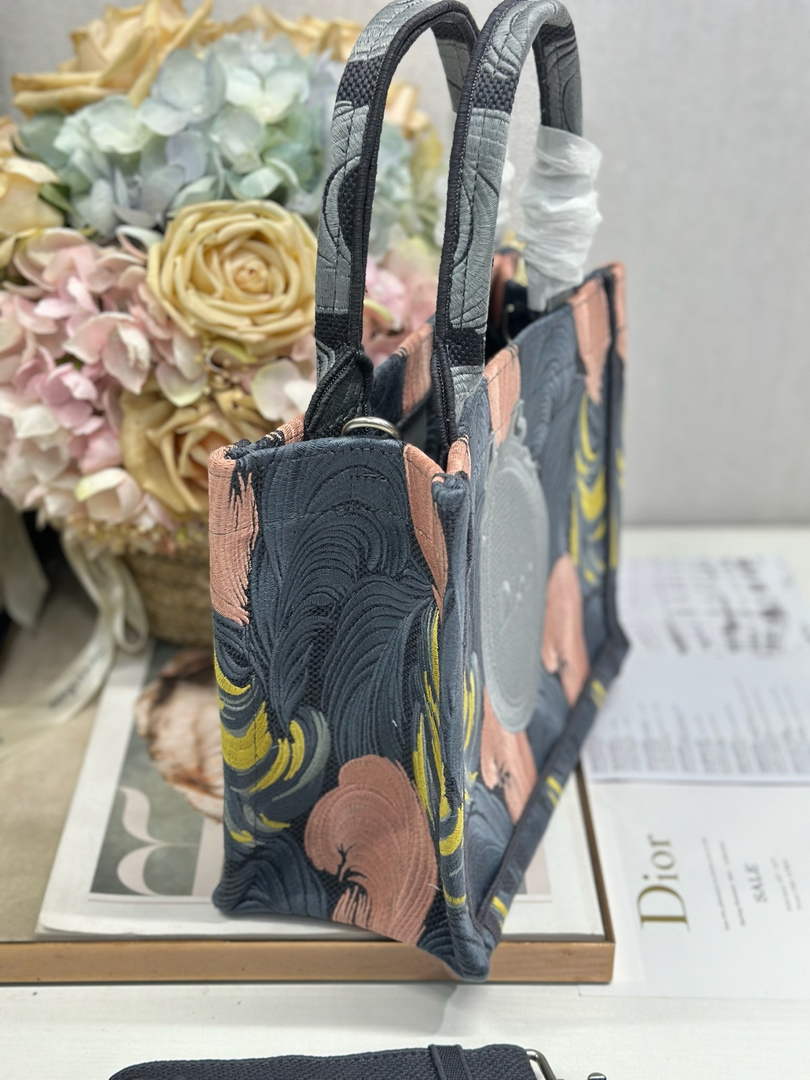 Small Dior Book Tote with Strap – Feather Motif Embroidered Canvas