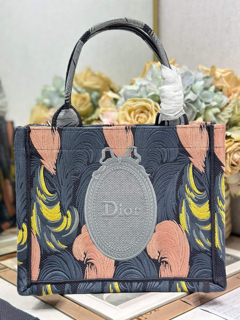 Small Dior Book Tote with Strap – Feather Motif Embroidered Canvas