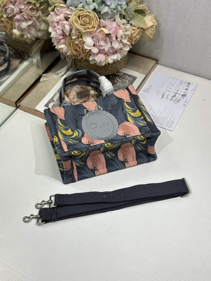 Small Dior Book Tote with Strap – Feather Motif Embroidered Canvas