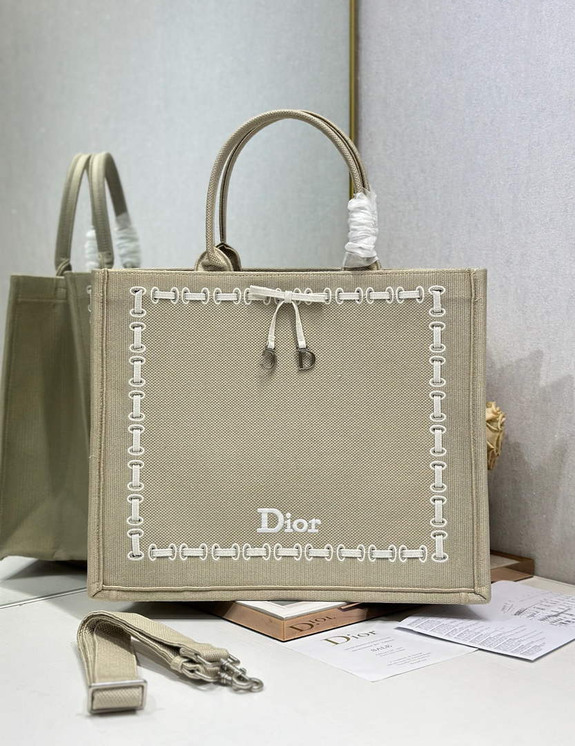 Large Dior Book Tote – Beige Embroidery / White Ribbon