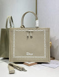 Large Dior Book Tote – Beige Embroidery / White Ribbon