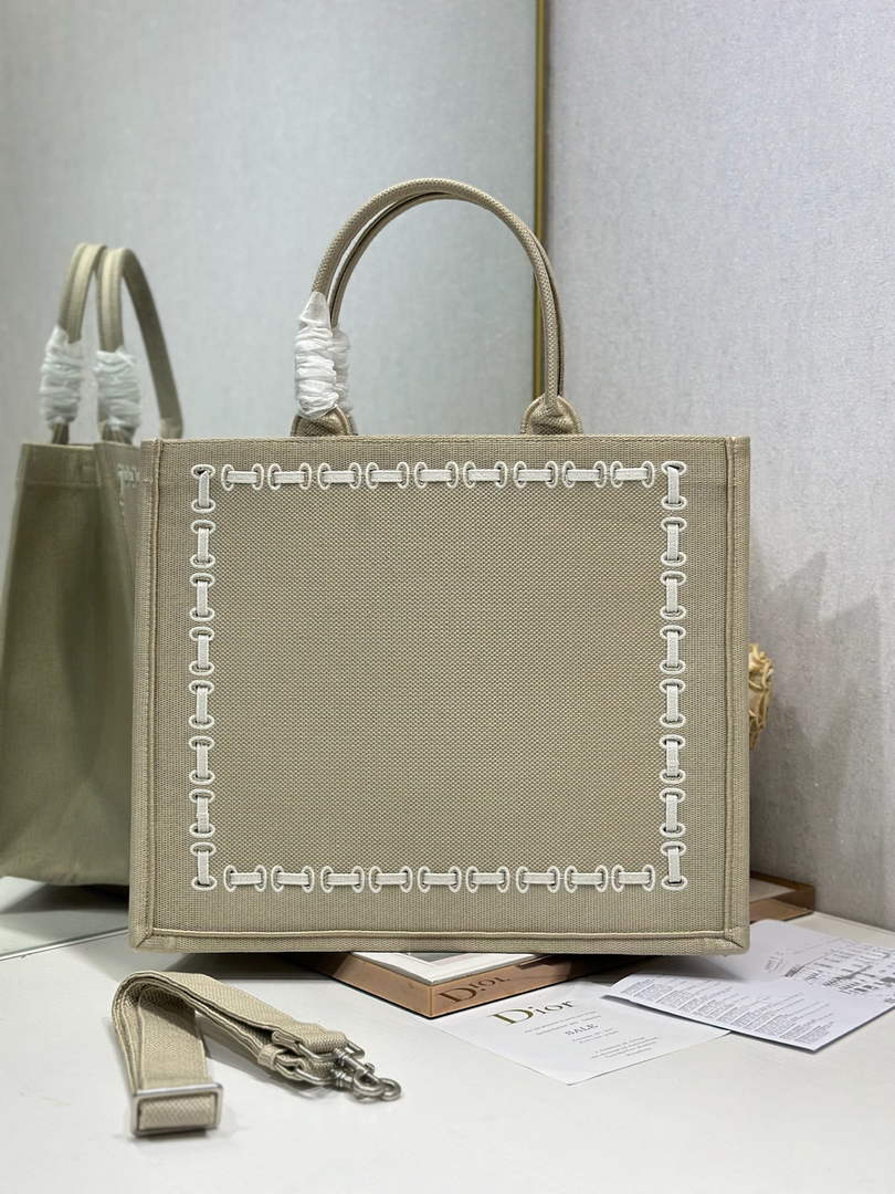 Large Dior Book Tote – Beige Embroidery / White Ribbon