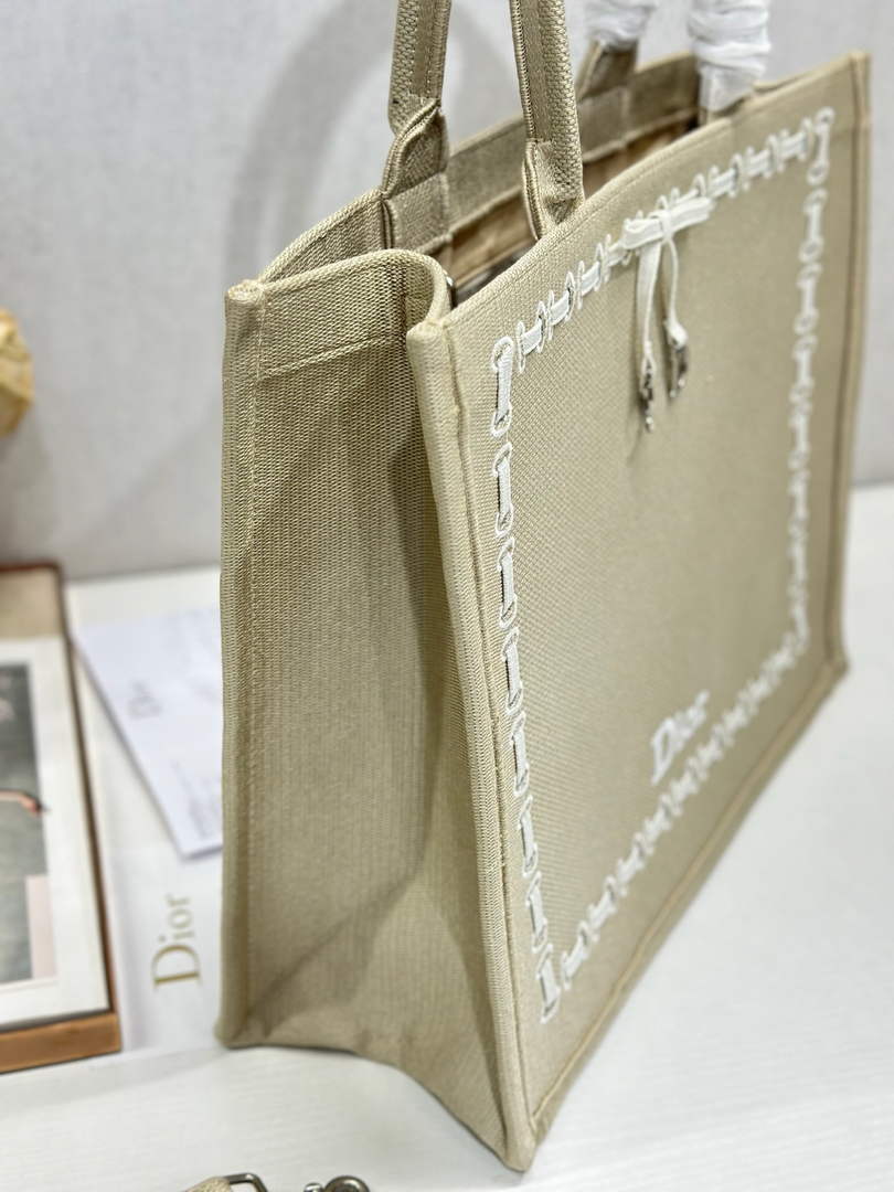 Large Dior Book Tote – Beige Embroidery / White Ribbon