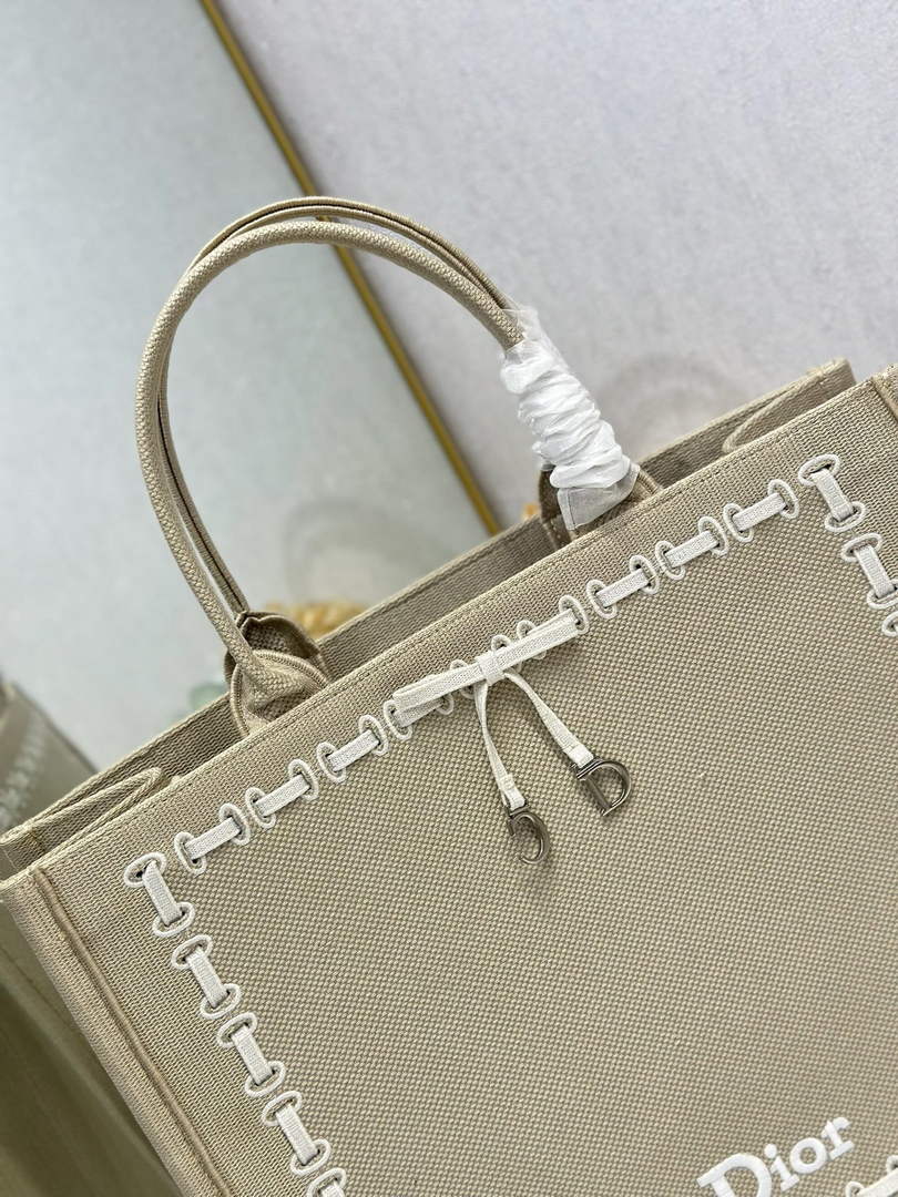Large Dior Book Tote – Beige Embroidery / White Ribbon