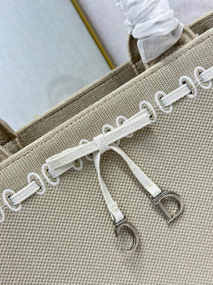 Large Dior Book Tote – Beige Embroidery / White Ribbon