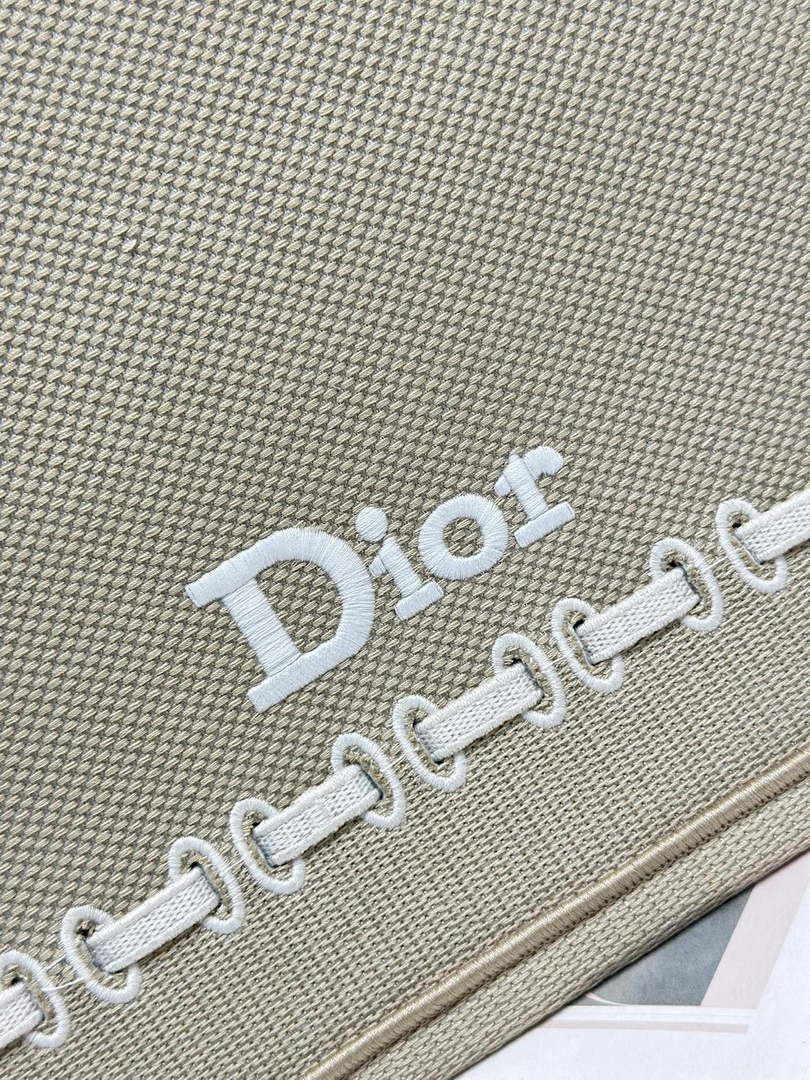 Large Dior Book Tote – Beige Embroidery / White Ribbon