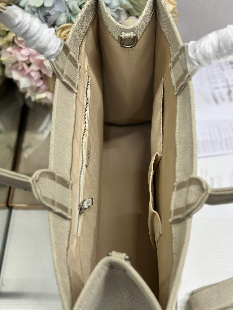 Large Dior Book Tote – Beige Embroidery / White Ribbon