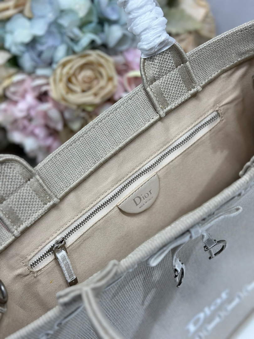 Large Dior Book Tote – Beige Embroidery / White Ribbon