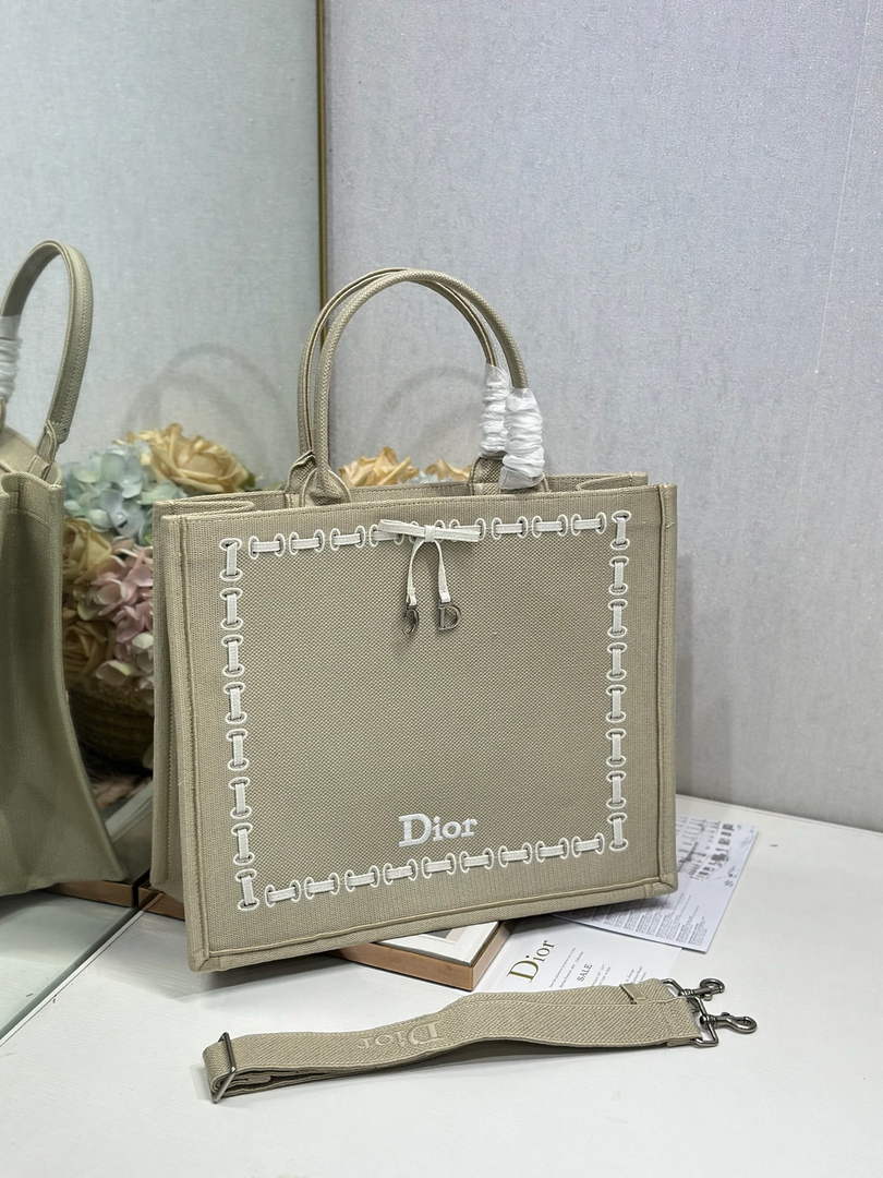 Medium Dior Book Tote with Strap – Beige Embroidery / White Ribbon
