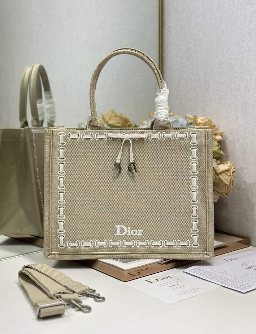 Medium Dior Book Tote with Strap – Beige Embroidery / White Ribbon