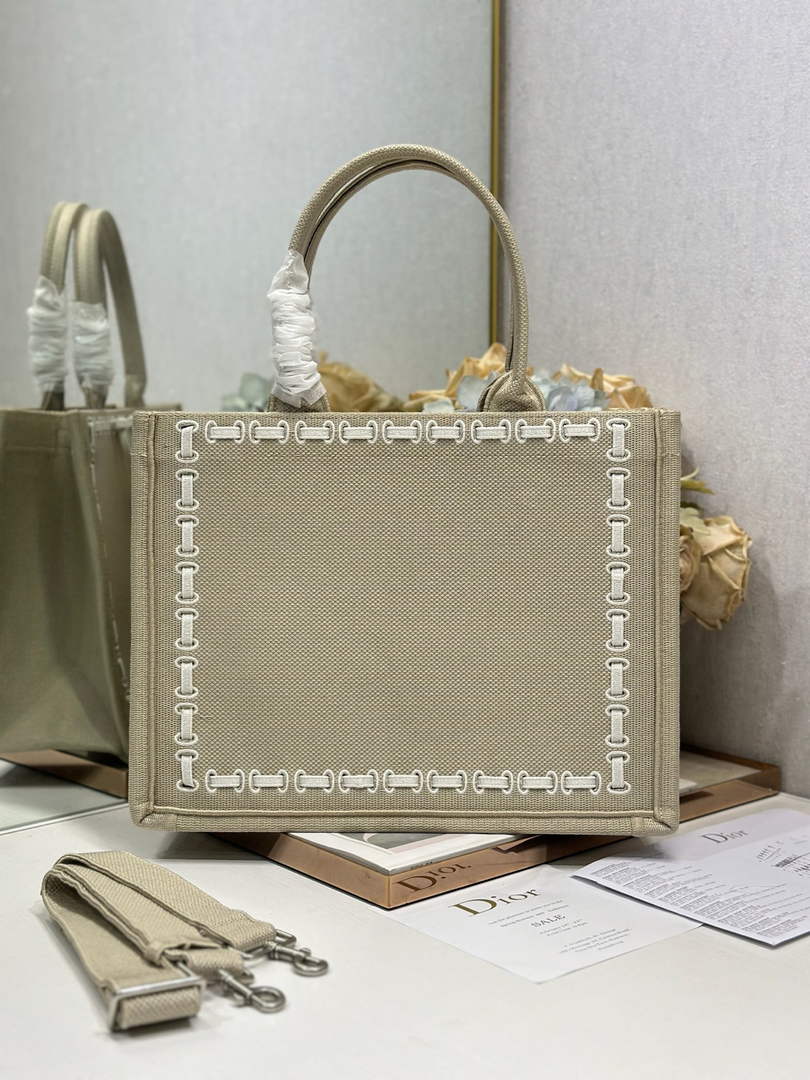 Medium Dior Book Tote with Strap – Beige Embroidery / White Ribbon