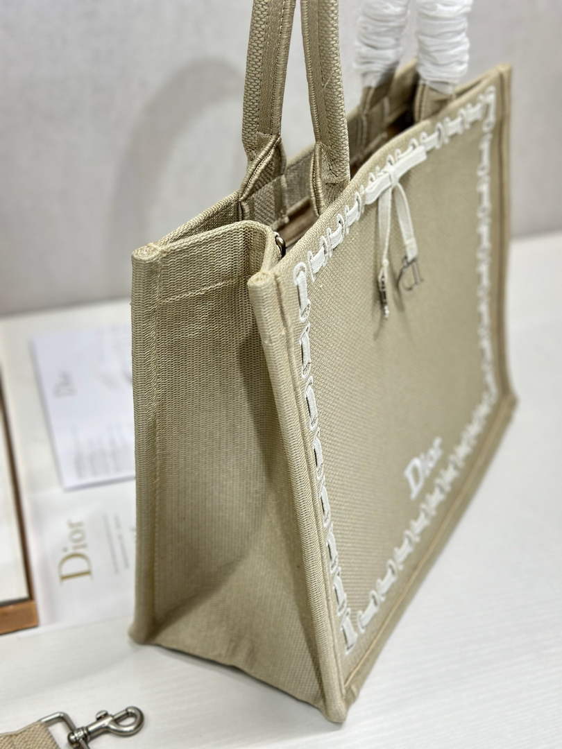 Medium Dior Book Tote with Strap – Beige Embroidery / White Ribbon