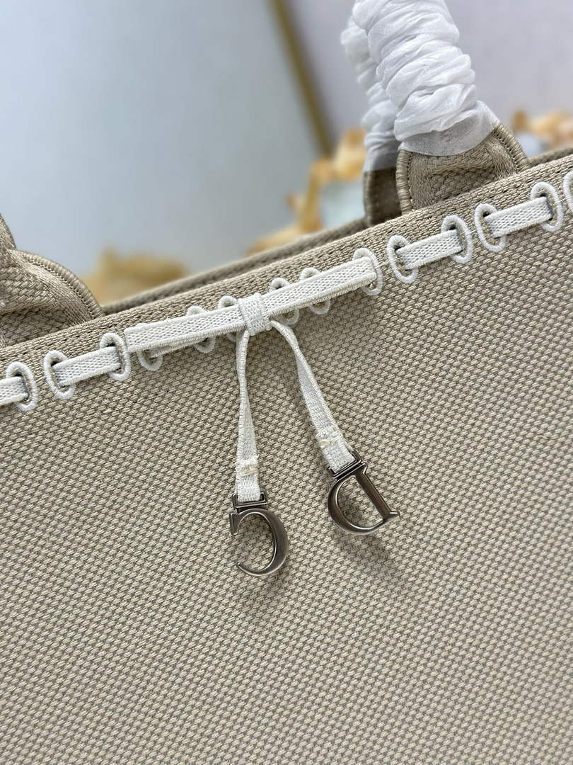 Medium Dior Book Tote with Strap – Beige Embroidery / White Ribbon