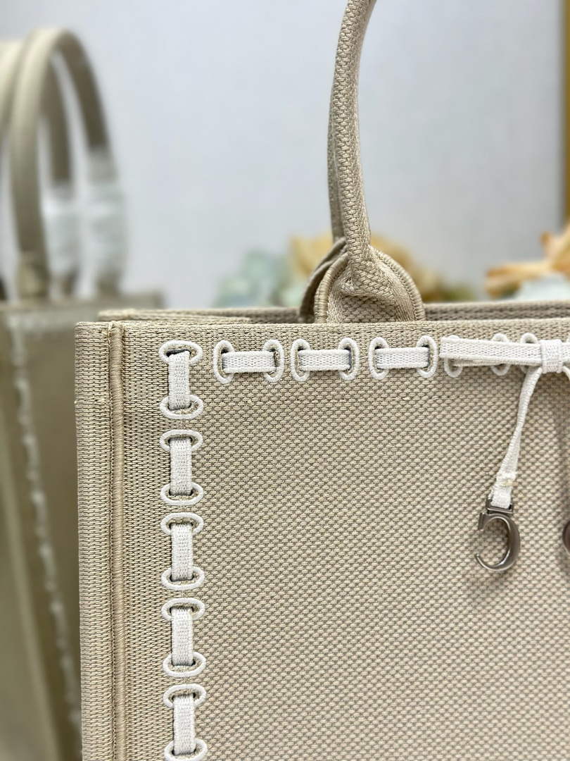 Medium Dior Book Tote with Strap – Beige Embroidery / White Ribbon