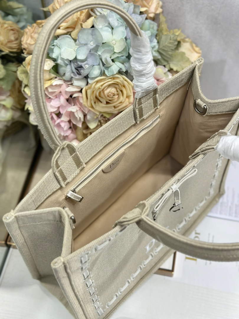 Medium Dior Book Tote with Strap – Beige Embroidery / White Ribbon
