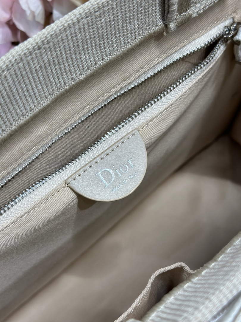 Medium Dior Book Tote with Strap – Beige Embroidery / White Ribbon