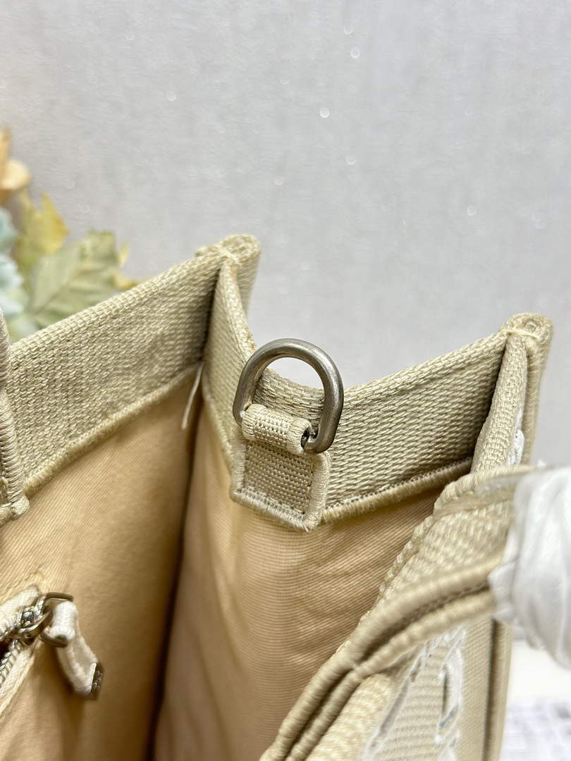 Medium Dior Book Tote with Strap – Beige Embroidery / White Ribbon