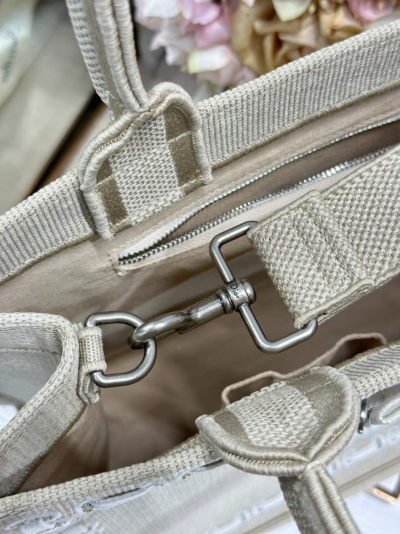 Medium Dior Book Tote with Strap – Beige Embroidery / White Ribbon