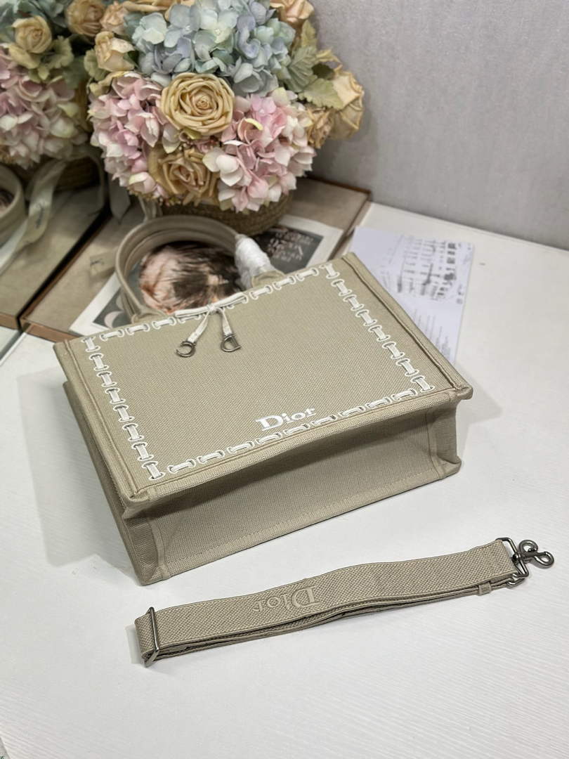 Medium Dior Book Tote with Strap – Beige Embroidery / White Ribbon