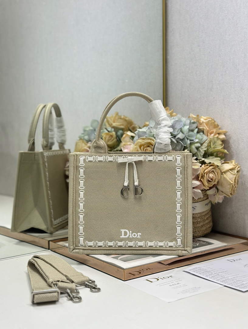 Small Dior Book Tote with Strap – Beige Embroidery / White Ribbon