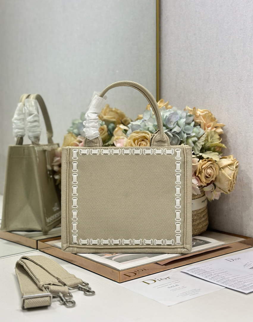 Small Dior Book Tote with Strap – Beige Embroidery / White Ribbon