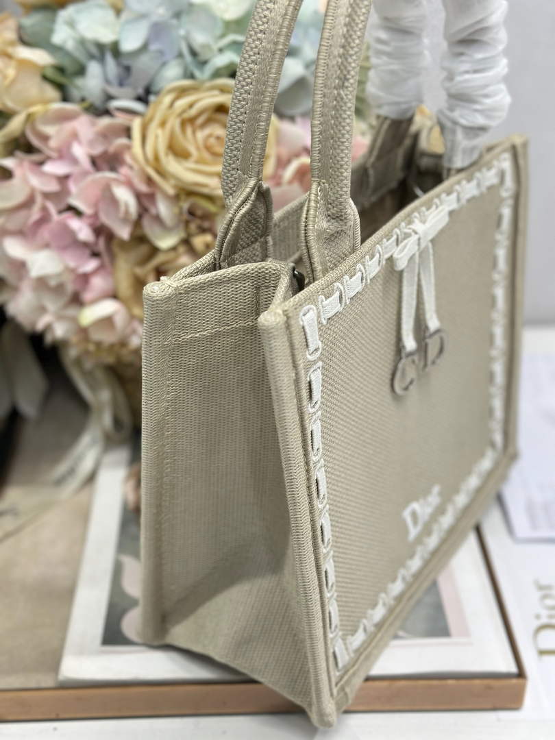 Small Dior Book Tote with Strap – Beige Embroidery / White Ribbon