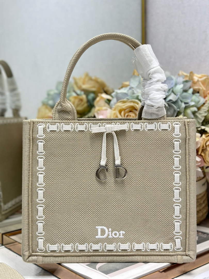 Small Dior Book Tote with Strap – Beige Embroidery / White Ribbon