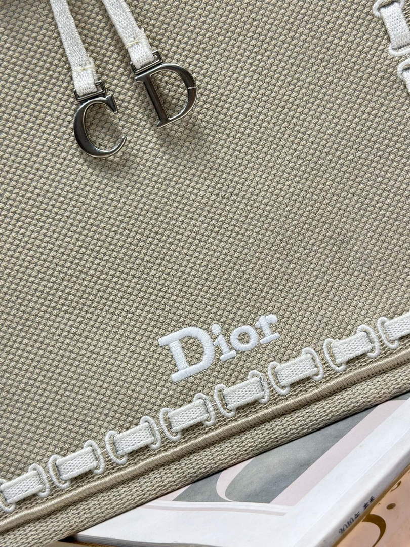 Small Dior Book Tote with Strap – Beige Embroidery / White Ribbon