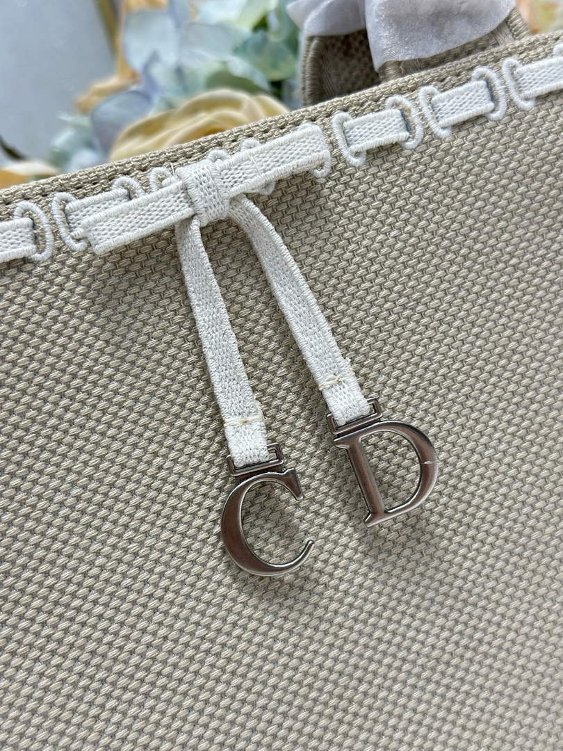 Small Dior Book Tote with Strap – Beige Embroidery / White Ribbon