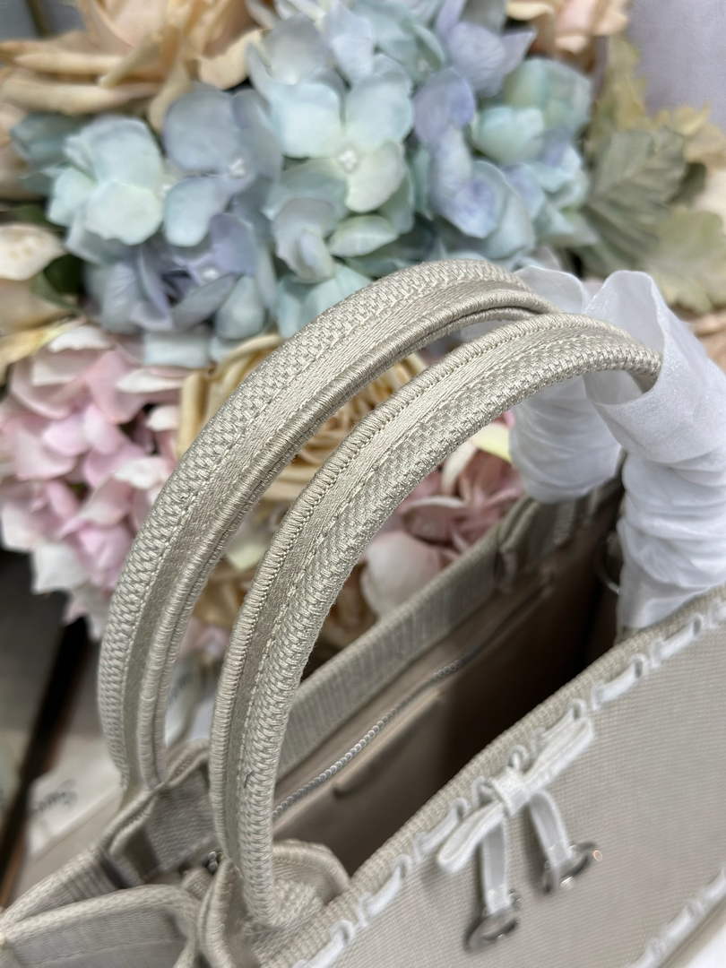 Small Dior Book Tote with Strap – Beige Embroidery / White Ribbon