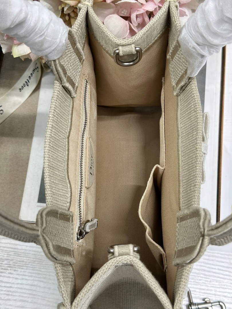 Small Dior Book Tote with Strap – Beige Embroidery / White Ribbon