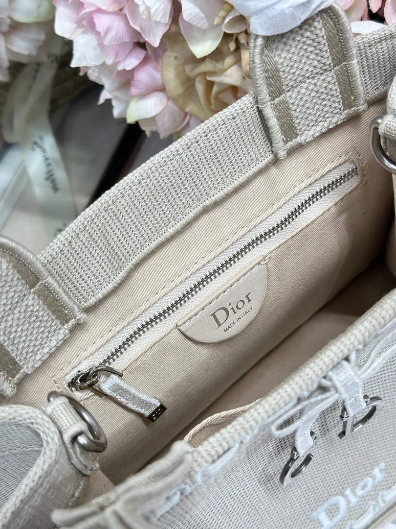 Small Dior Book Tote with Strap – Beige Embroidery / White Ribbon