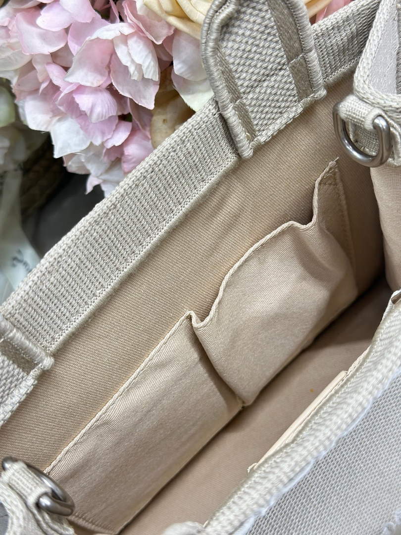 Small Dior Book Tote with Strap – Beige Embroidery / White Ribbon
