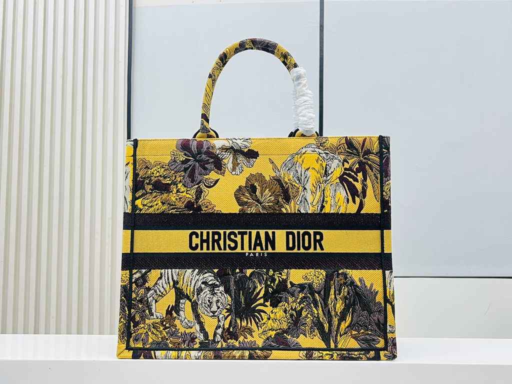 Dior Large Book Tote Bag M1286 Yellow Multicolor Toile de Jouy Voyage Embroidery